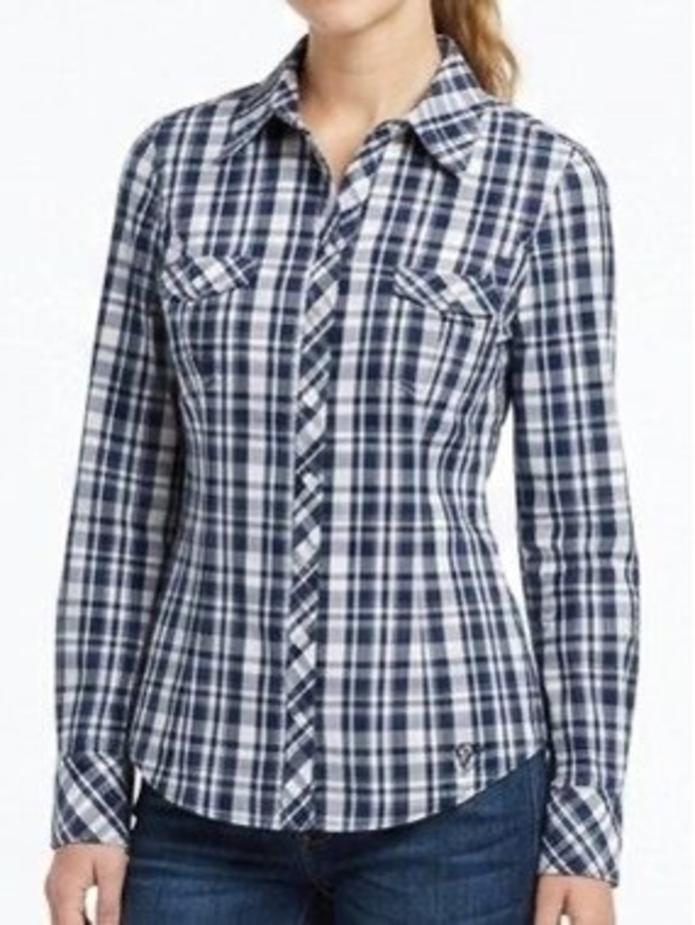 Guess Blue White Plaid Western Pearl Button Blouse Size M